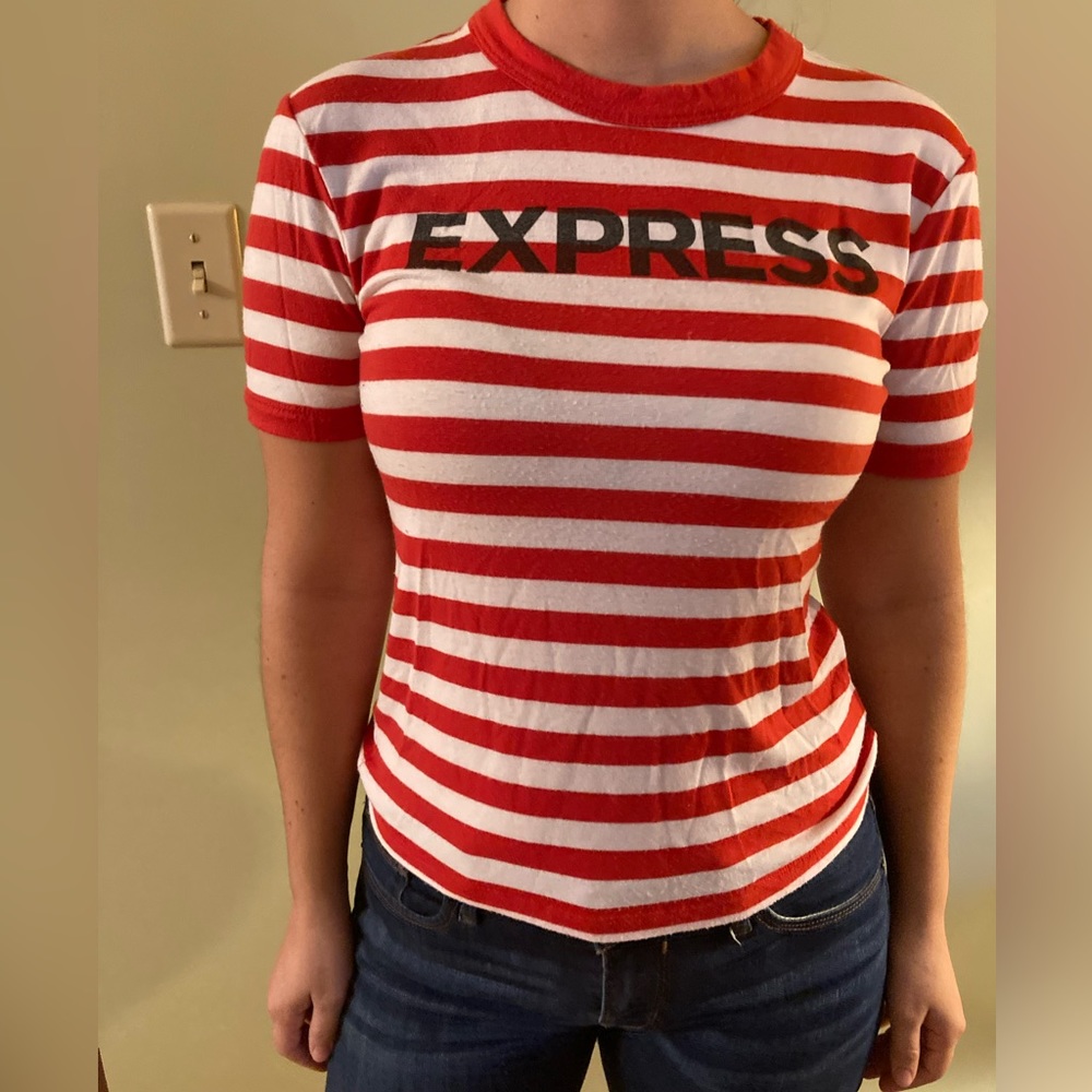 Red and white striped tee shirt, size small from express.